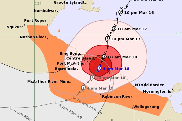 A tracking map showing a cyclone reaching the NT coast.