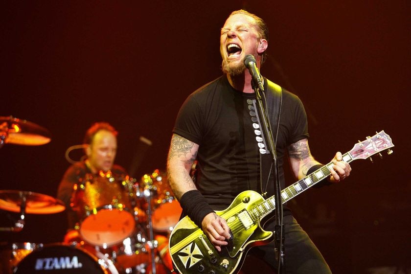 Metallica lead vocalist James Hetfield, with drummer Lars Ulrich (at back)