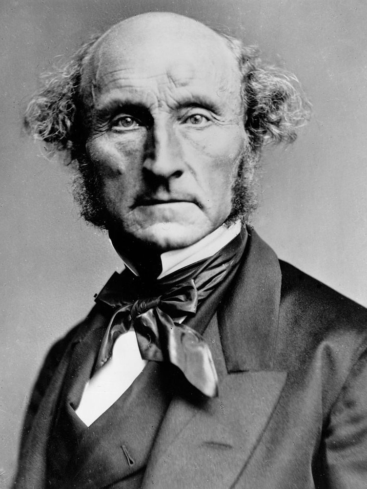 A black and white portrait of 19th century British philosopher John Stuart Mill.