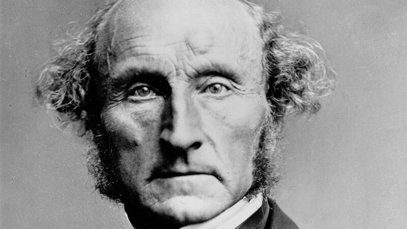 A black and white portrait of 19th century British philosopher John Stuart Mill.
