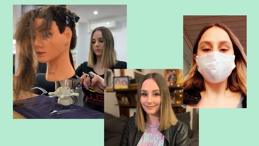 A collage of photos of a young woman in a mask and doing the hair of a mannequin