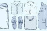 An illustration shows folded trousers, shirts, shoes and a jacket to depict a basic men's workwear wardrobe.