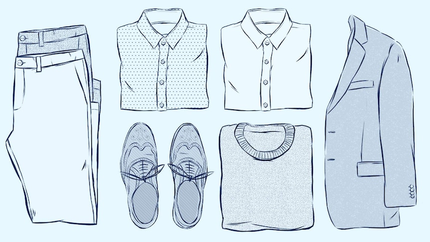 An illustration shows folded trousers, shirts, shoes and a jacket to depict a basic men's workwear wardrobe.