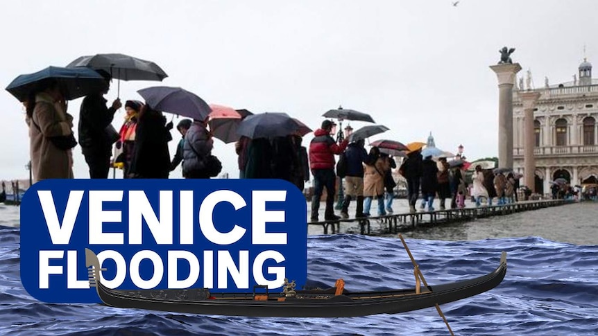 A line of people holding umbrellas walking on a improvised wooden bridge over flood water. Gondola in foreground.