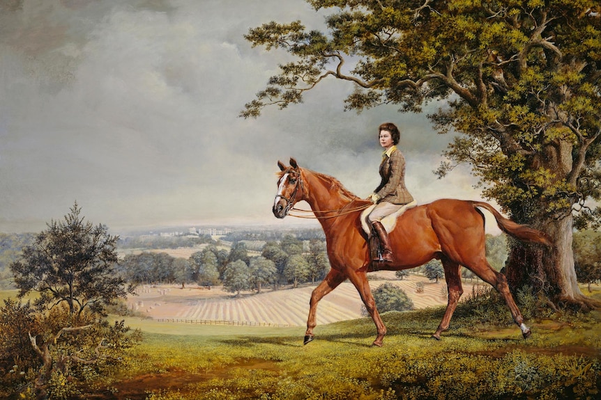A painting of a young Queen Elizabeth II riding a brown horse through the English countryside.