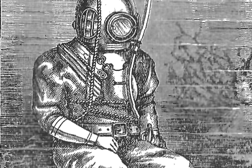 An illustration of a person in a diving suit wearing a helmet with attatched air tank.
