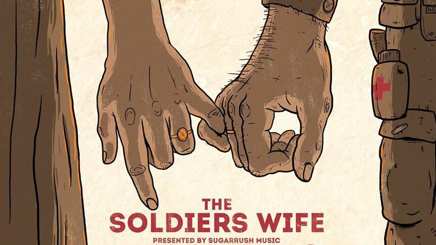 The cover of The Soldiers Wife book. A closeup illustration of a man and woman holding hands. The man is wearing an army uniform