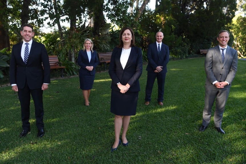 Premier Annastacia Palaszczuk and Cameron Dick, Kate Jones, Steven Miles and Glenn Butcher