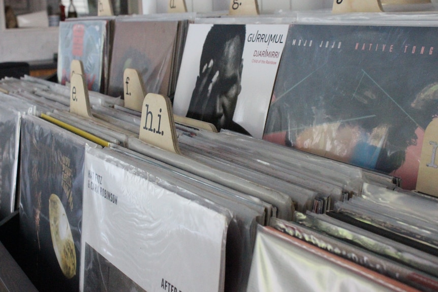 A row of vinyl LPs