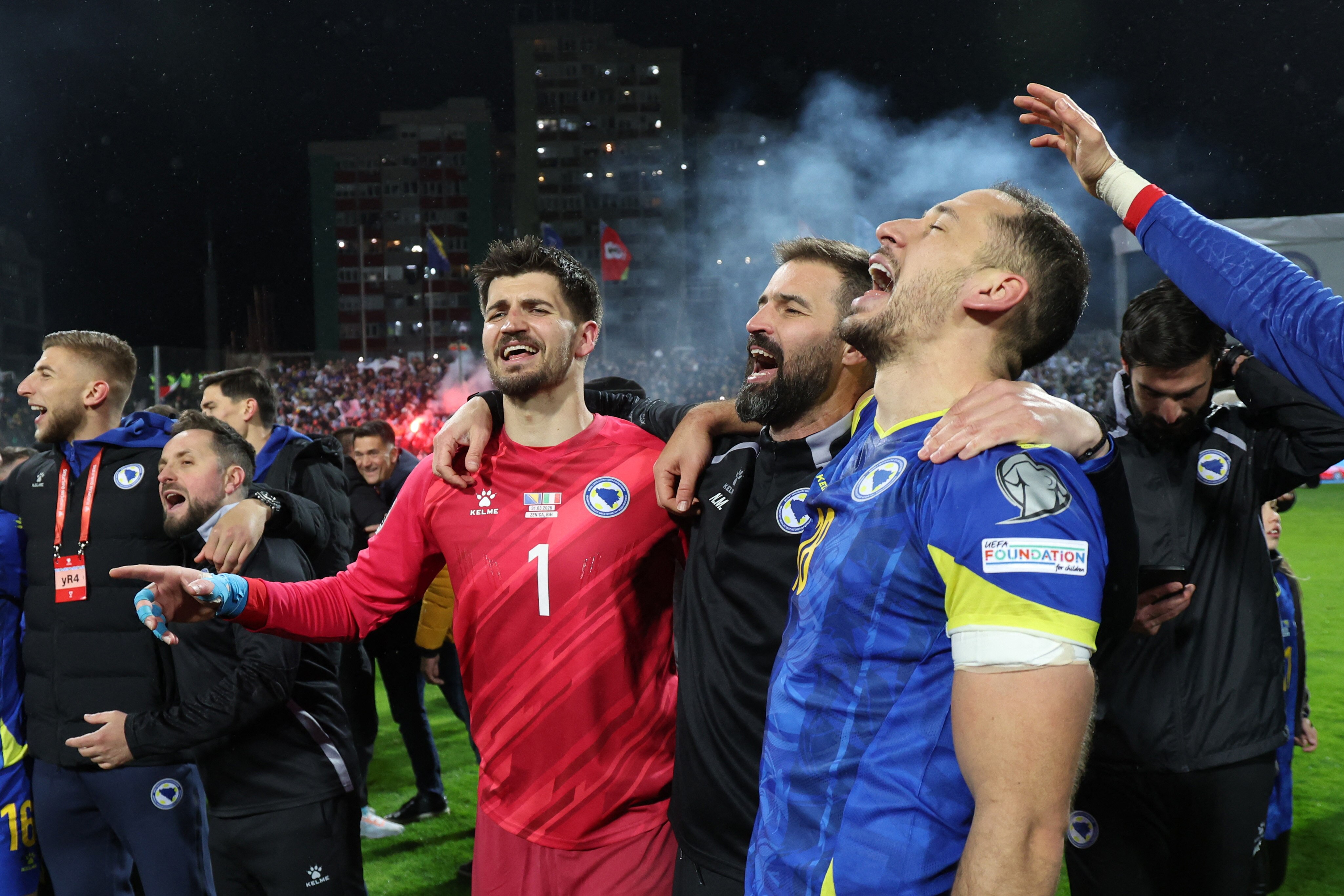 Bosnia and Herzegovina celebrate defeating Italy on penalties in their World Cup qualifier.