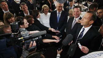 Tony Abbott speaks to the media after a debate against Kevin Rudd at the National Press Club (Getty Images: Stefan Postles)