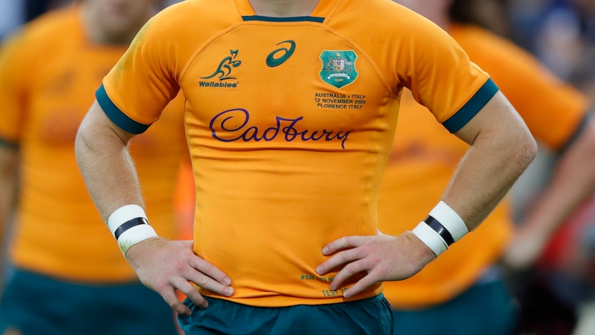 A generic image of the Wallabies jersey as worn by a player during a 2022 Test match.