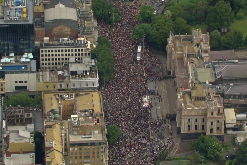 A photo taken from a helicopter of the large crowd filling Spring St outside State Parliament.