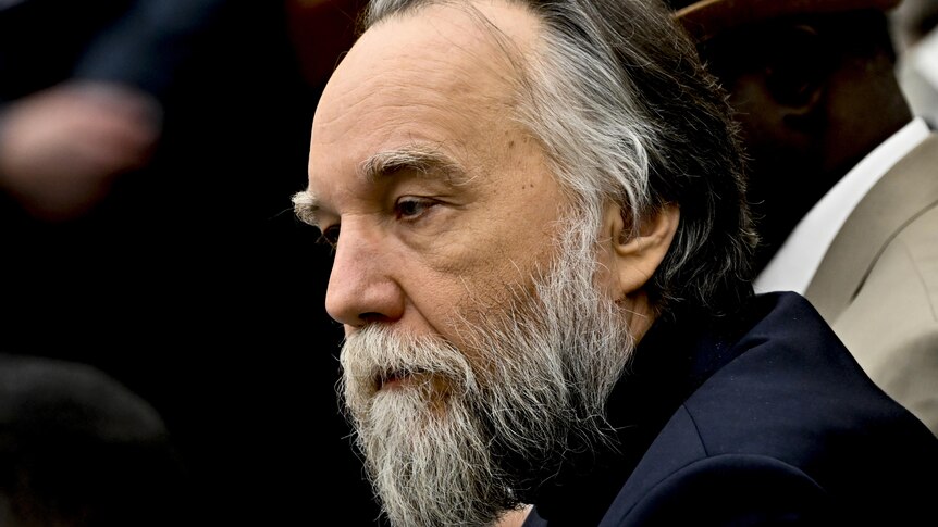close up side profile of Russian political philosopher Aleksandr Dugin