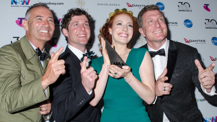 The Wiggles with their ARIA Award for Best Children's Album.
