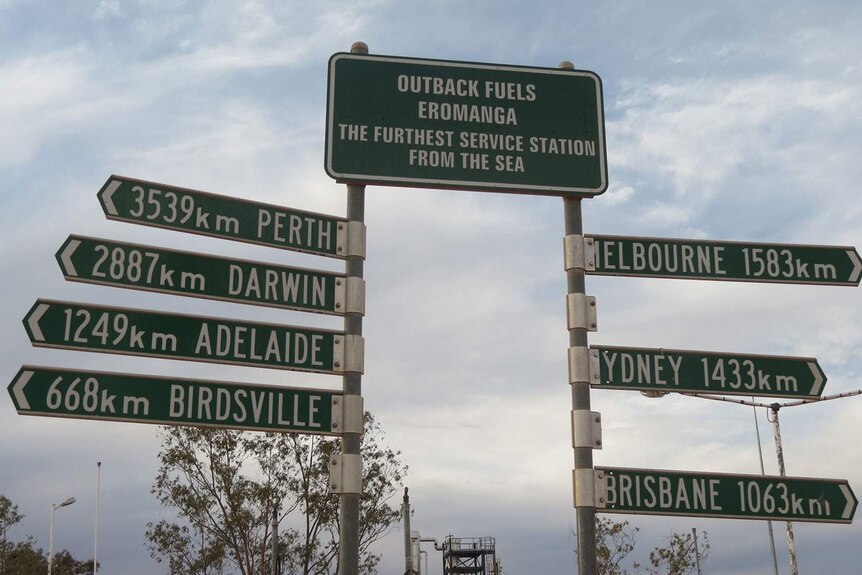 Eromanga road distance sign, south-west of Longreach in outback Queensland, in July 2014