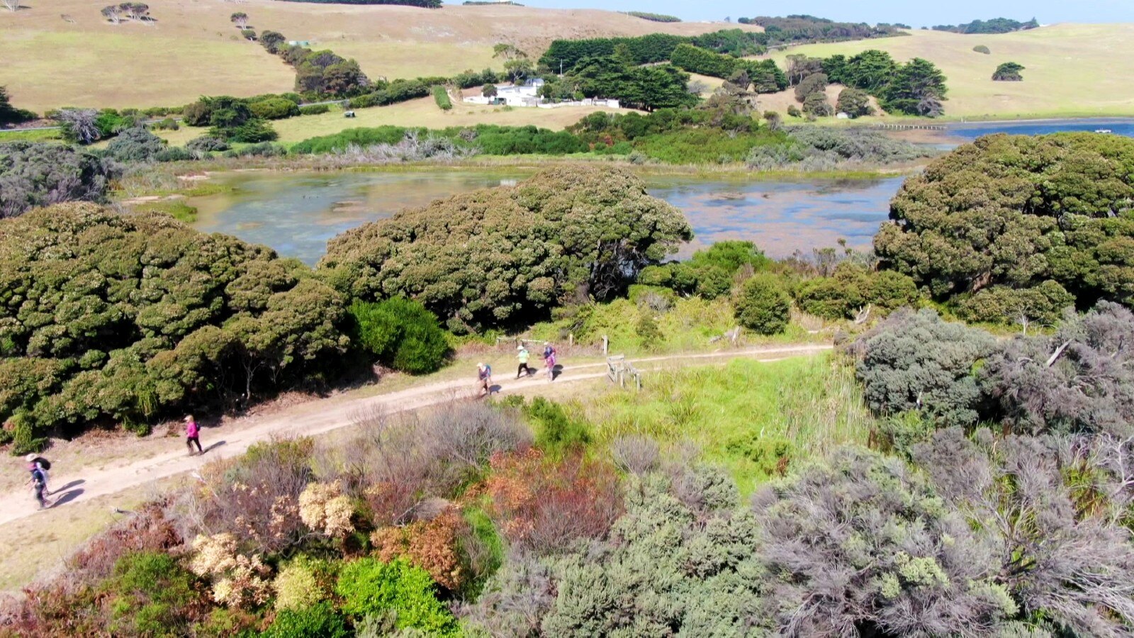 Walkers greet each other on a dirt track near a lake 