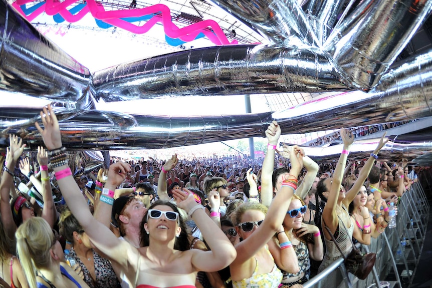 A crowd of festival goers with arms raised towards the stage.