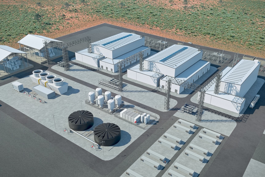 An artist impression of a hydrogen power plant with white buildings