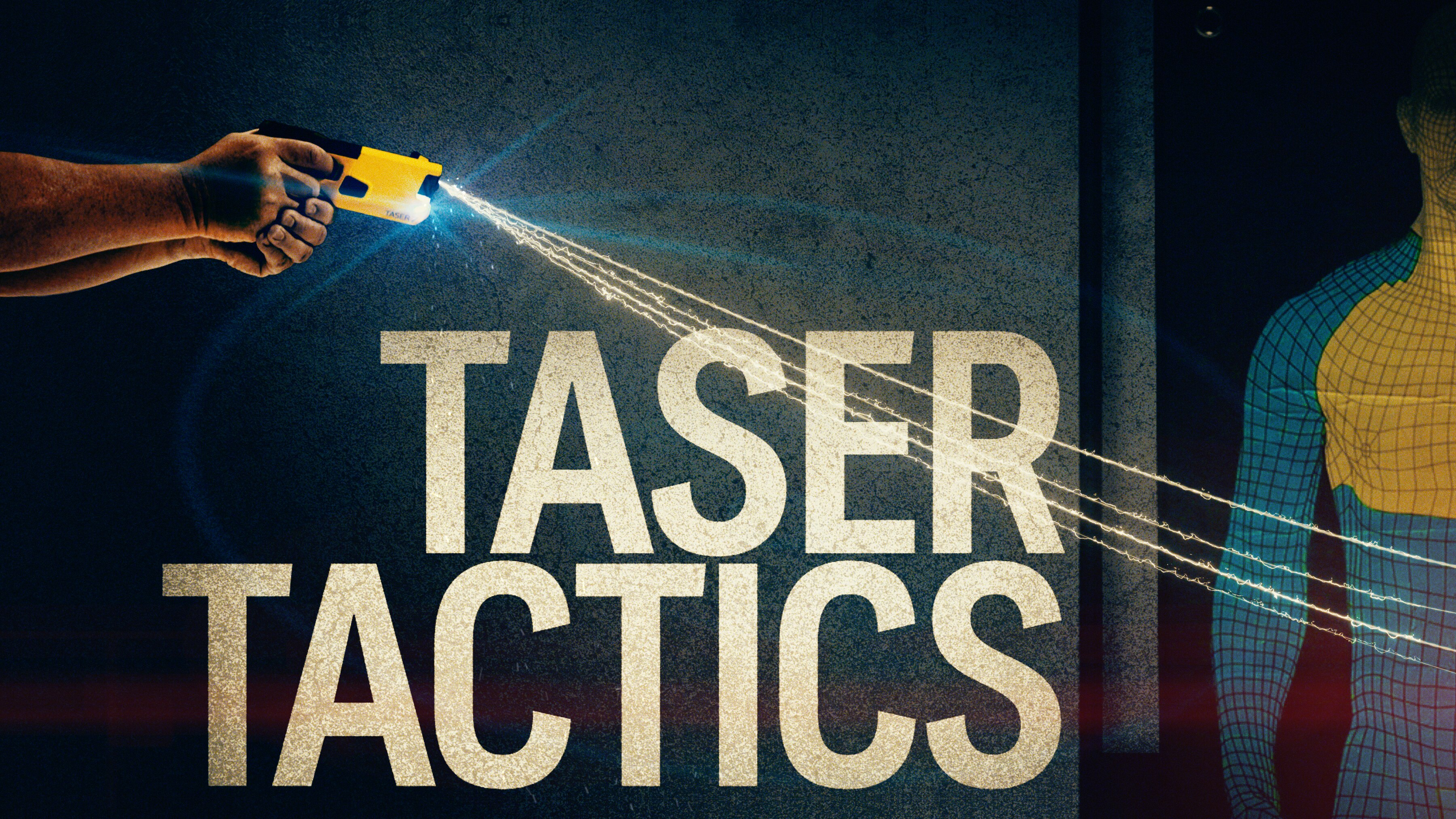 Graphic of a taser being shot at an illustration of a human body. Text reads Taser Tactics.