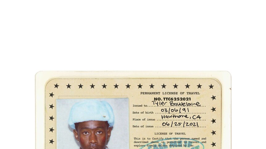 Photograph of a Tyler, The Creator Photo ID/passport looking image.