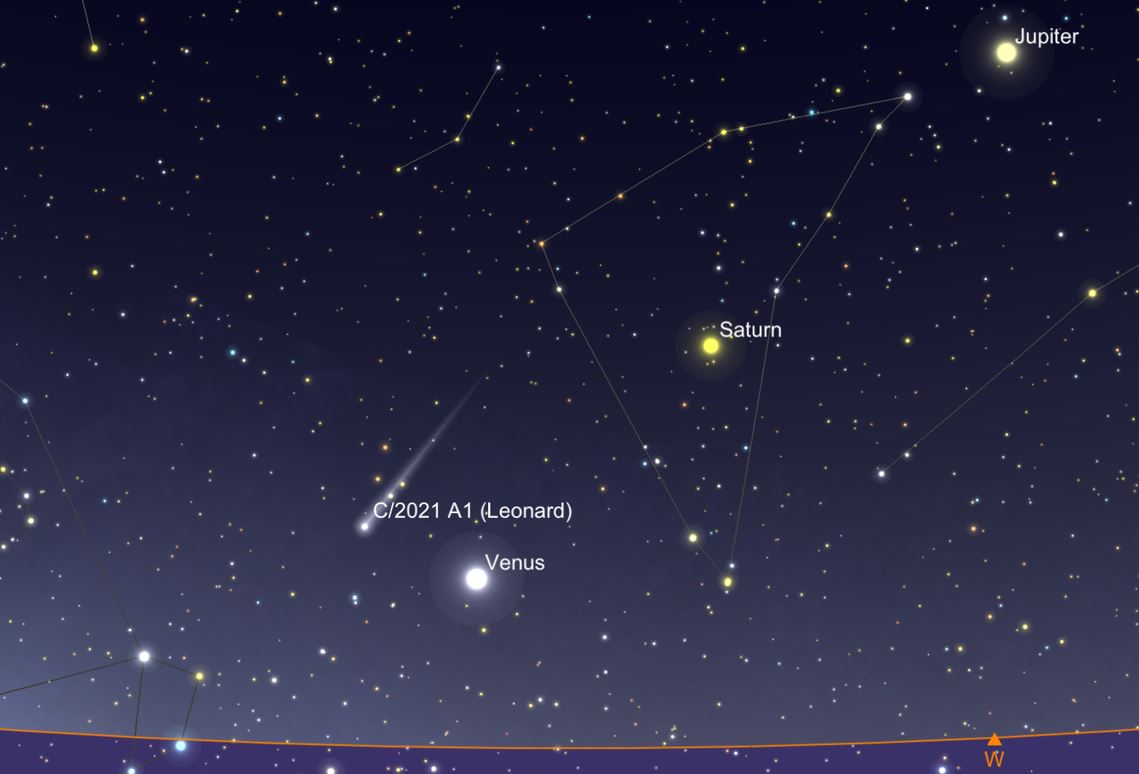 Map showing Comet Leonard, Venus, Saturn, Jupiter