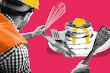 Illustration of a man in construction workwear holding a whisk and spatula, with a stack of pancakes