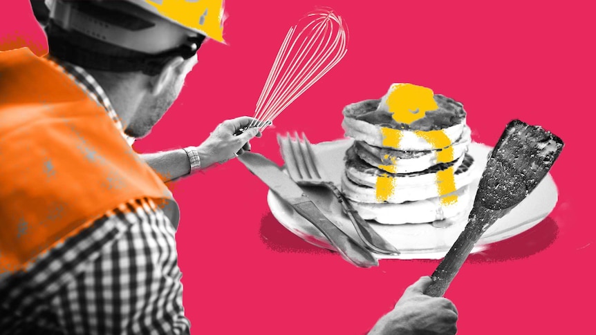 Illustration of a man in construction workwear holding a whisk and spatula, with a stack of pancakes