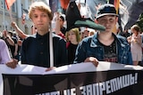 Young Russians hold a banner reading, "You can't forbid the internet!" during a rally in Moscow.