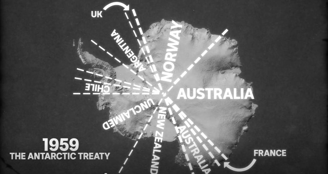 A map of Antarctica with lines showing where different countries lay claim to the land