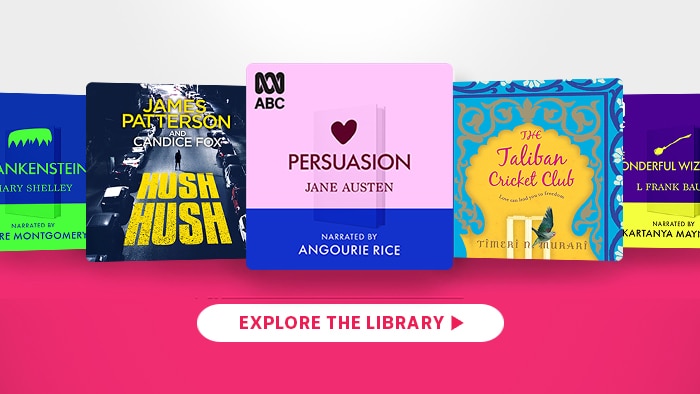Six audiobook covers arranged above a button that reads, 'Explore the library'