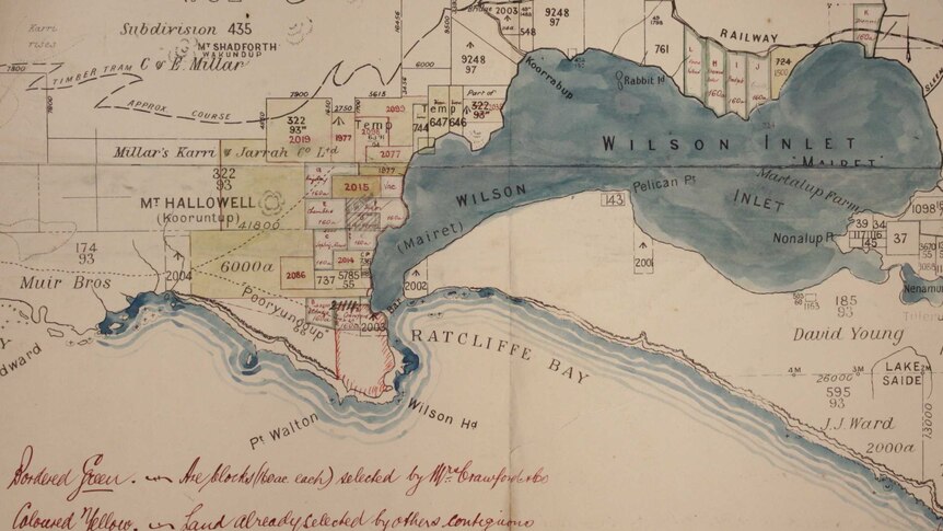 An old map of Wilson Inlet showing colour-coded blocks of land.