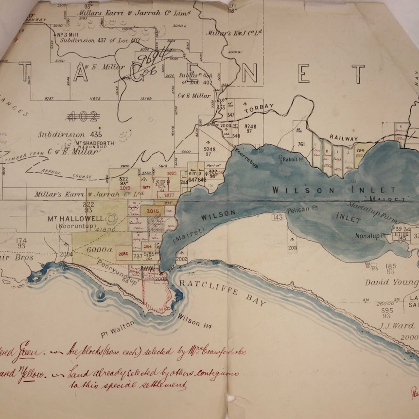 An old map of Wilson Inlet showing colour-coded blocks of land.
