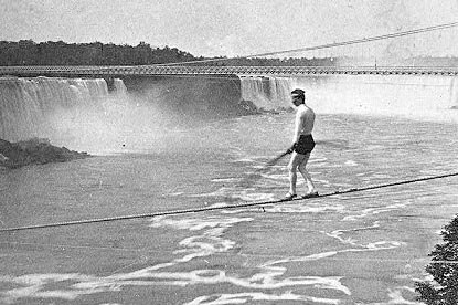 Stephen Peer crossing the Niagara Falls on a tightwire in 1887