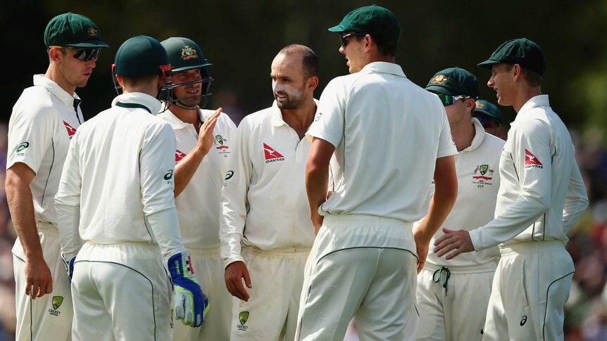 Australia's Nathan Lyon (C) celebrates the wicket of New Zealand's Tim Southee in Christchurch.