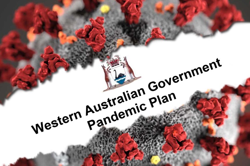 A coronavirus molecule with a torn out cover sheet of a WA government pandemic plan across the middle.