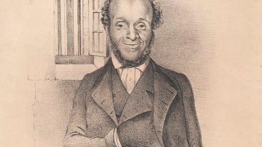 Lithograph of man standing with hand in coat pocket