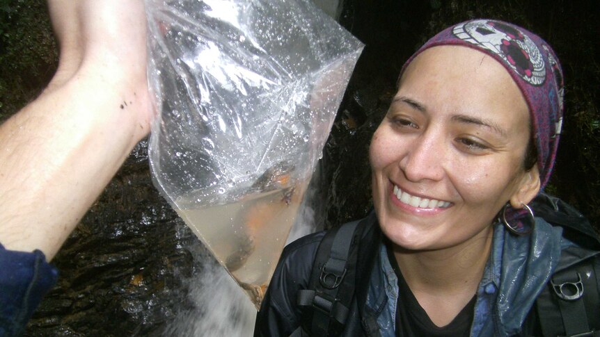 A smiling Teresa Camacho Badani looks at a frog in a plastic bag.