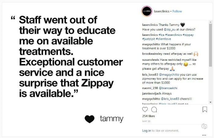 In an Instagram post, a Laser Clinic customer says it was a "nice surprise that Zippay is available".