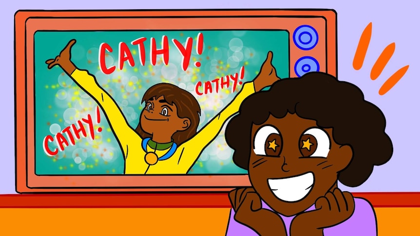 A cartoon Cathy Freeman with gold medal on TV and a young girl excitedly looking up to Cathy as a role model.