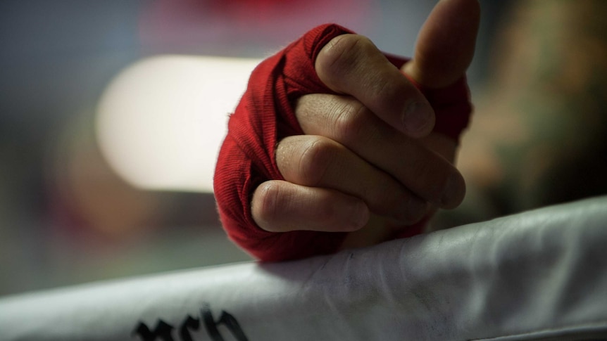 A close up of red boxing gloves in a boxing ring.