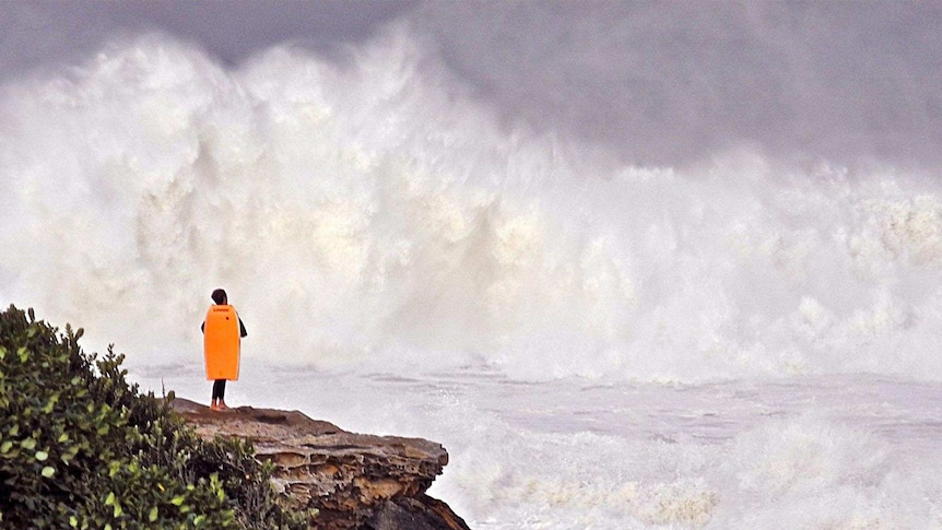 A bodyboarder stands on a rocky outcrop and is dwarfed by giant waves in the distance.