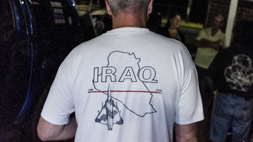 Brian Willey wears a T-shirt commemorating his time in Iraq