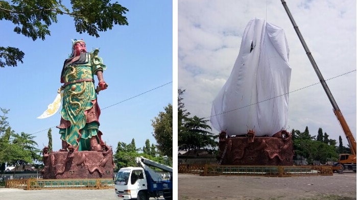 A split screen shows a colourful statue to a Chinese god in one frame, and the statue covered in a sheet in the other.