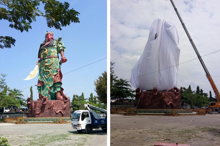 A split screen shows a colourful statue to a Chinese god in one frame, and the statue covered in a sheet in the other.
