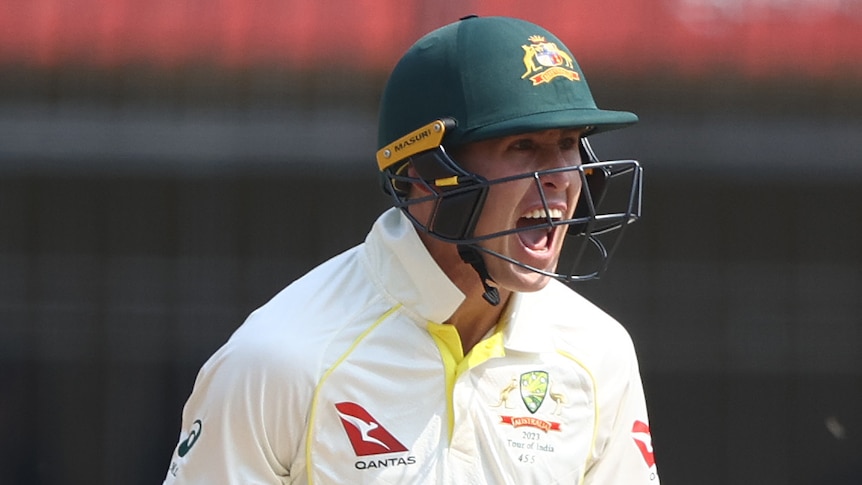 An Australian male Test player screams out as he celebrates defeating India.