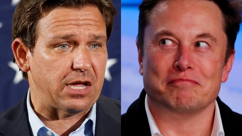 A composite image of Ron DeSantis and Elon Musk 