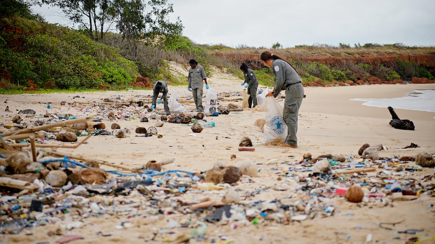 A group of four people cleaning up mounds of rubbish that has washed ashore on a remote beach.
