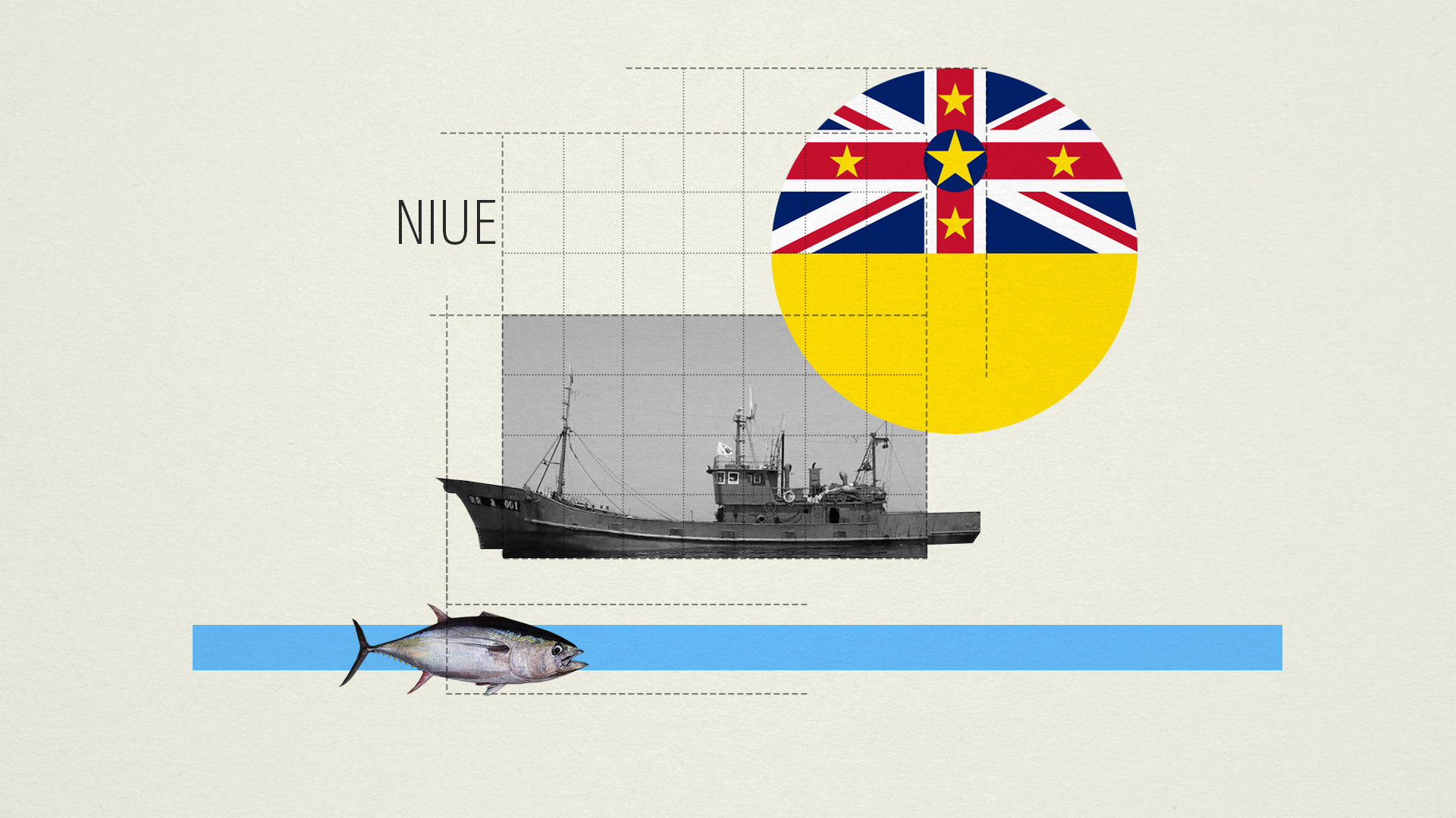 An image of the Niue flag, a fish in a strip of blue, and a black and white ship.