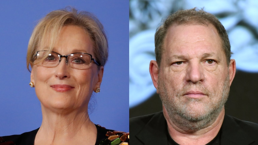 A composite image showing Meryl Streep and Harvey Weinstein.